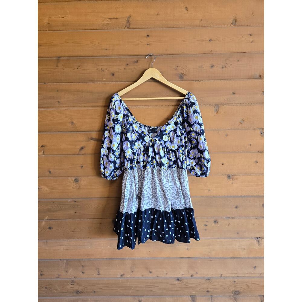 Asos Babydoll Dress Mixed Print Mini Floral Leopard Polka Dot Tiered 6 Boho Prep - Picture 2 of 5